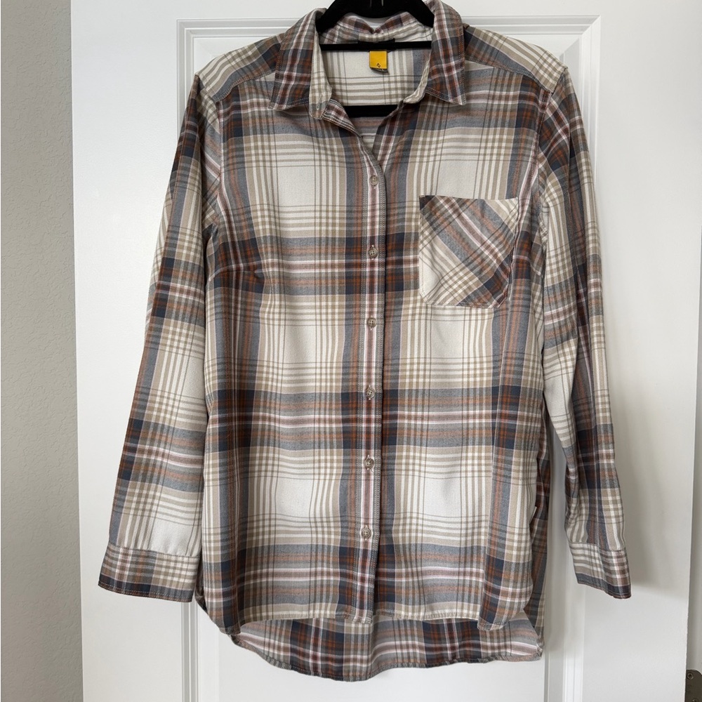 Eddie Bauer Cream, Brown and Gray Plaid Button-Down Shirt
